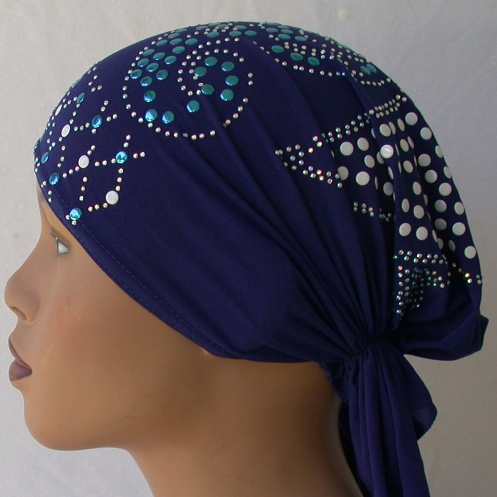 BLUE Pre-Tied Stud Chemo Cap Slip On Bonnet Hijab Undercap # 4